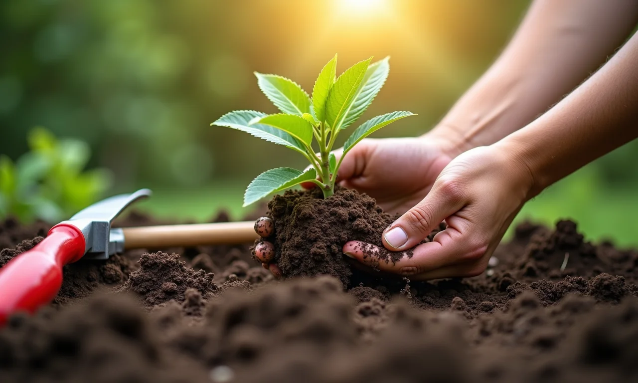 Preparando o solo com composto para plantar macieira.