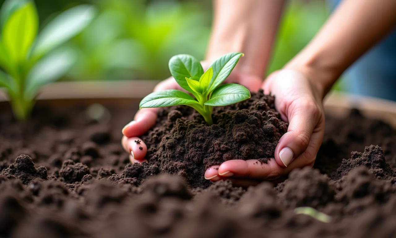 Preparando o solo para plantar jasmim com composto orgânico.