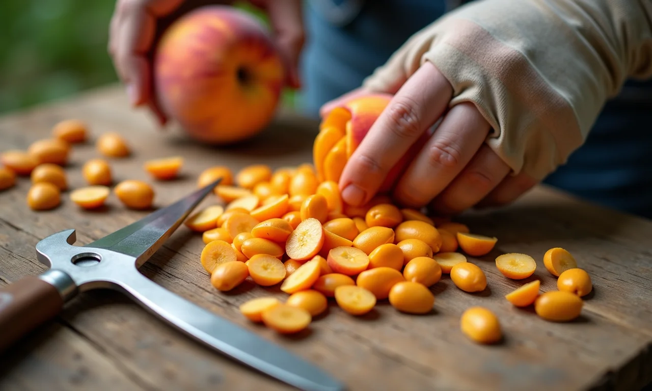 Preparando sementes de pêssego para o plantio.