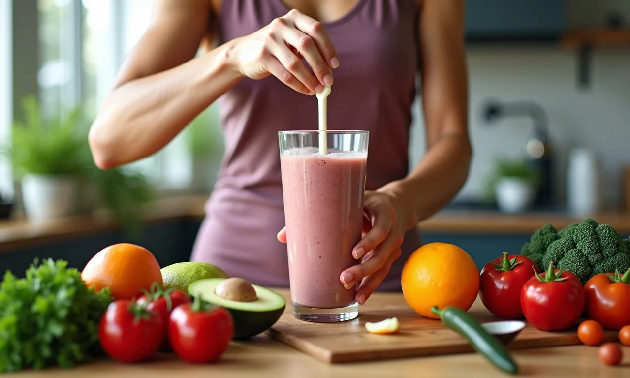 Preparo de smoothie com whey concentrado.