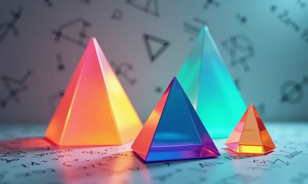 Qual A Diferença Entre Pirâmides E Prismas? Prisma e pirâmide exibidos contra um fundo de equações matemáticas.