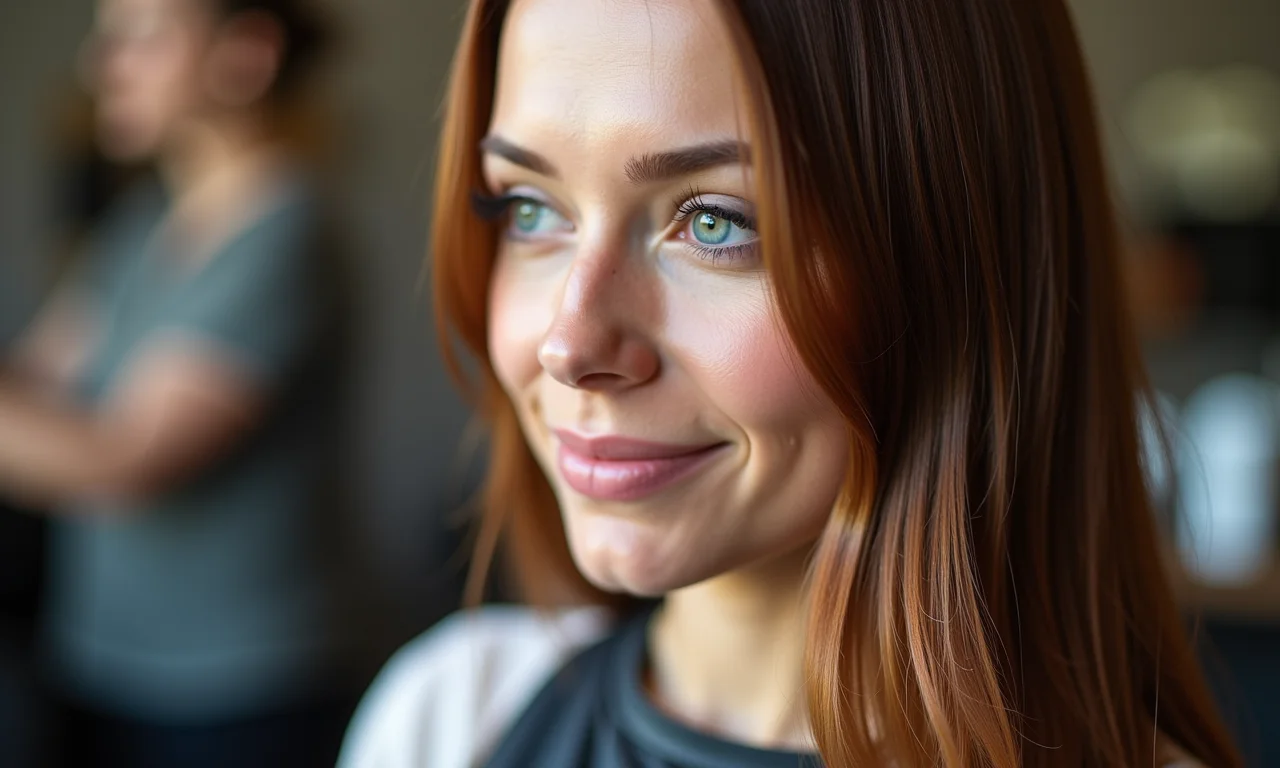 Processo de coloração capilar em um salão com estilo brasileiro, mostrando a ação da coloração nos fios.