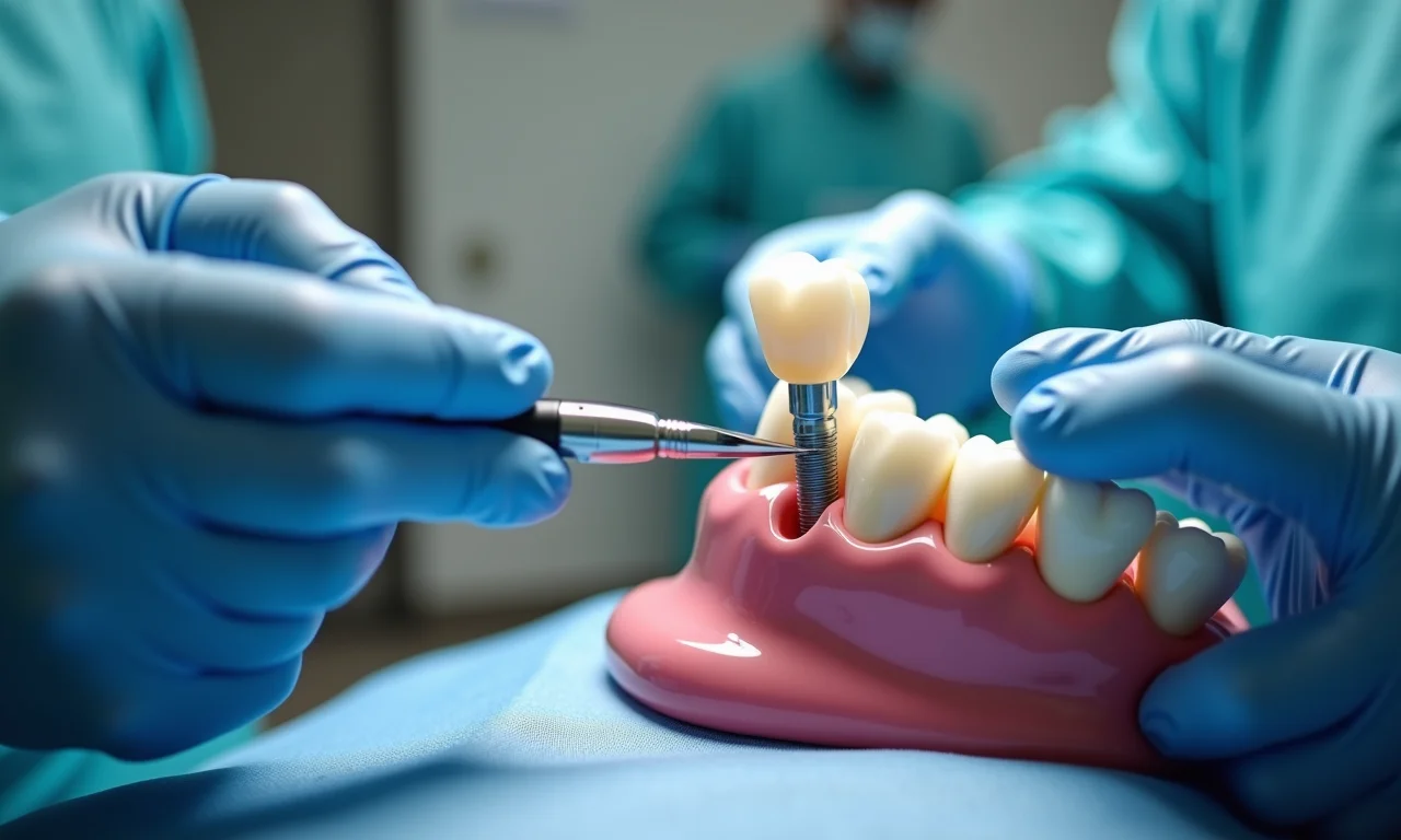 Processo de implante dentário detalhado.