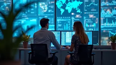 Profissionais analisando dashboards de dados otimizados por IA para B2B.