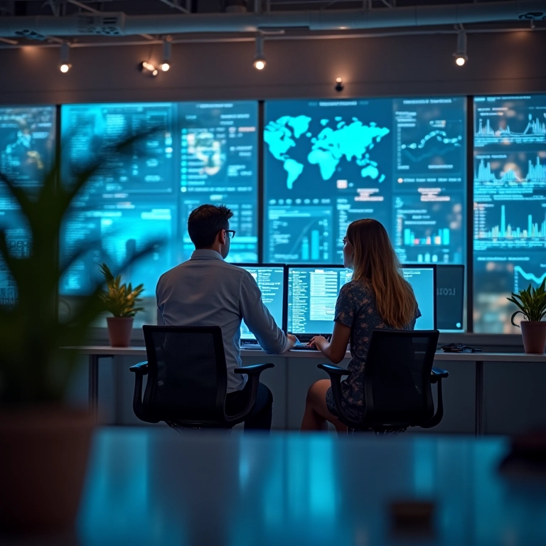 Machine Learning B2B Use IA Para Otimizar Processos B2B Profissionais analisando dashboards de dados otimizados por IA para B2B.