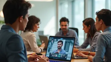 Profissionais diversos em videoconferência no Zoom, ambiente de escritório moderno e vibrante.