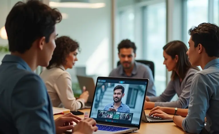 Profissionais diversos em videoconferência no Zoom, ambiente de escritório moderno e vibrante.