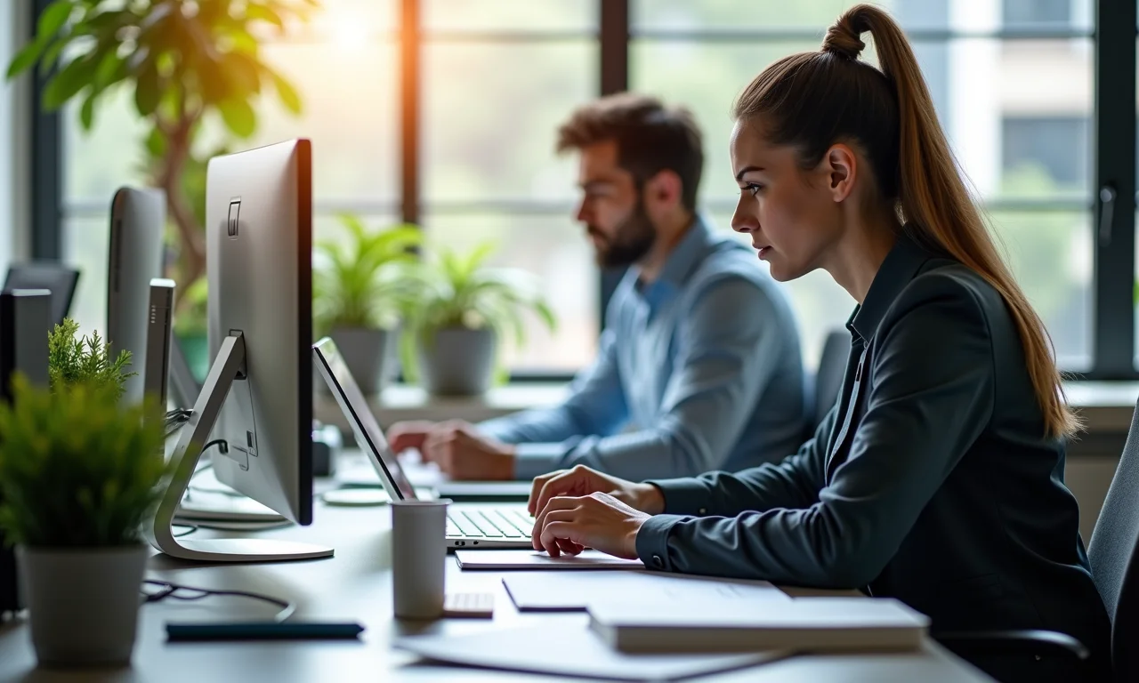 Profissional de RH gerenciando registros de funcionários com tecnologia moderna, foco em administração de pessoal.