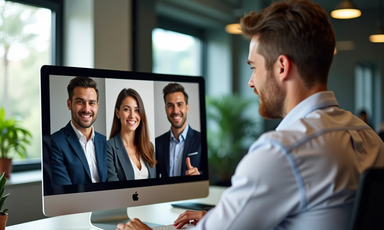 Profissional participa de treinamento online interagindo com colegas via videochamada em escritório moderno.
