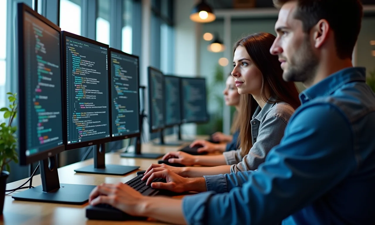 Programadores usando 'split' e 'inverter' em ambiente de trabalho moderno.