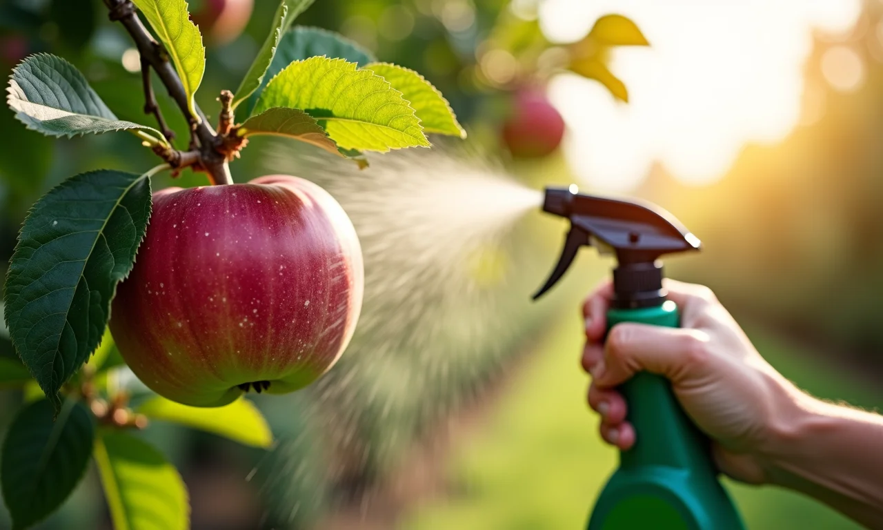 Pulverizando macieira com controle de pragas orgânico.