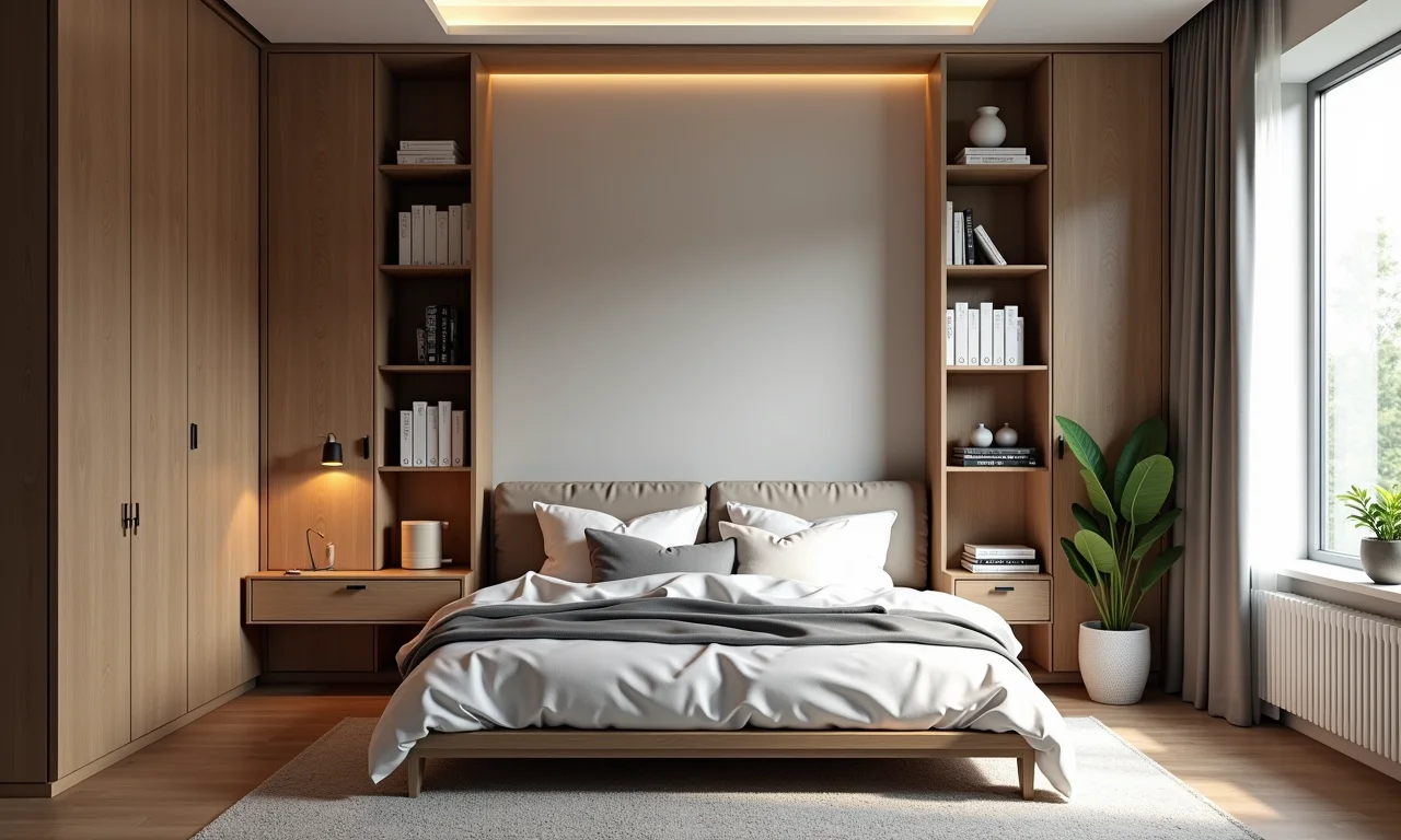 Quarto organizado com cama King Size e soluções inteligentes de armazenamento.