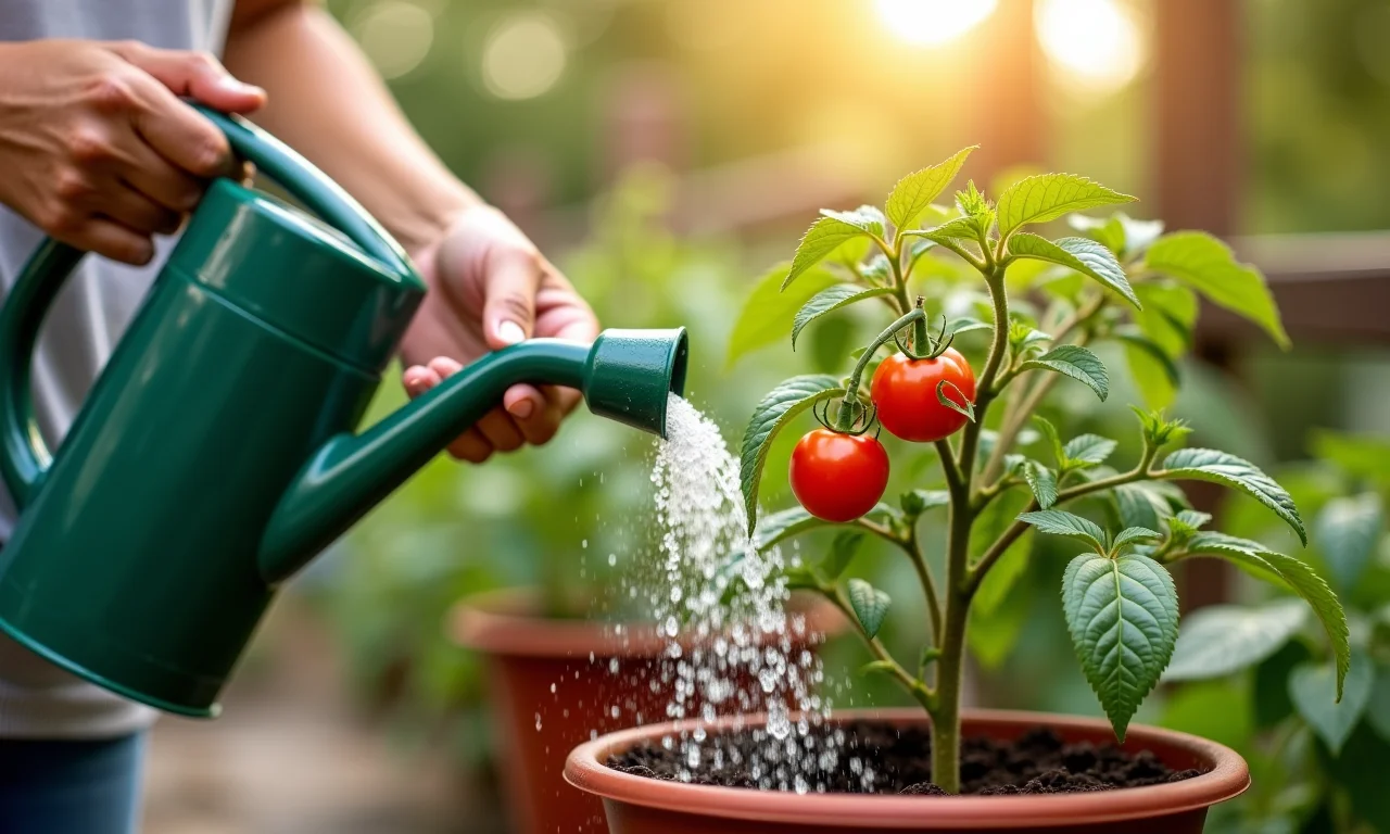 Rega adequada de planta de tomate cereja em vaso.