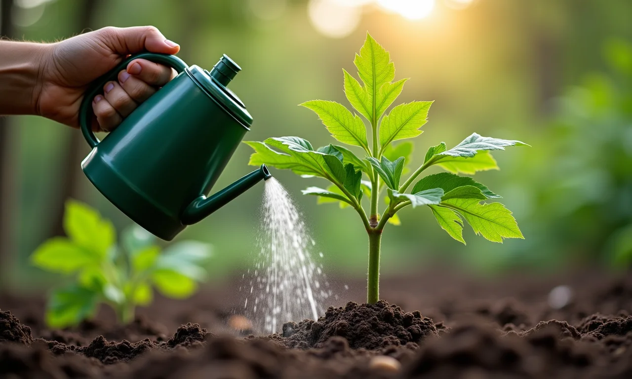Rega de um jovem mamoeiro, com folhas verdes e solo bem cuidado.