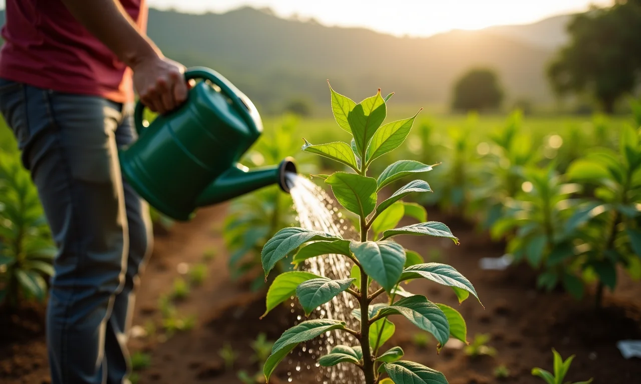 Regando a muda de abiu recém-plantada.