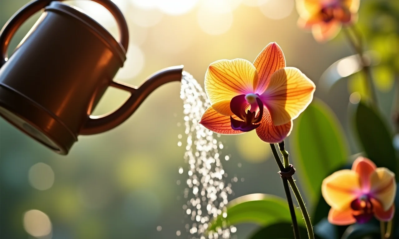 Regando orquídea Vanda com regador.