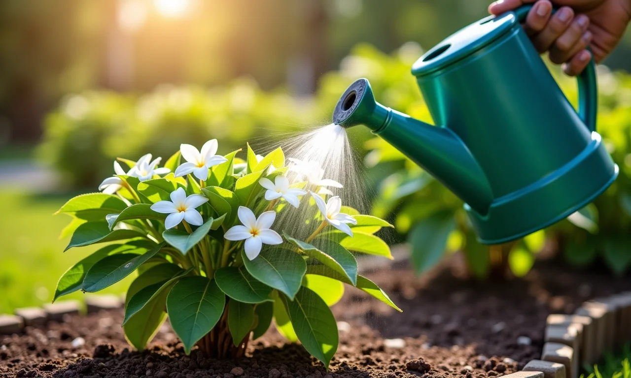 Regando planta de jasmim em um jardim ensolarado.