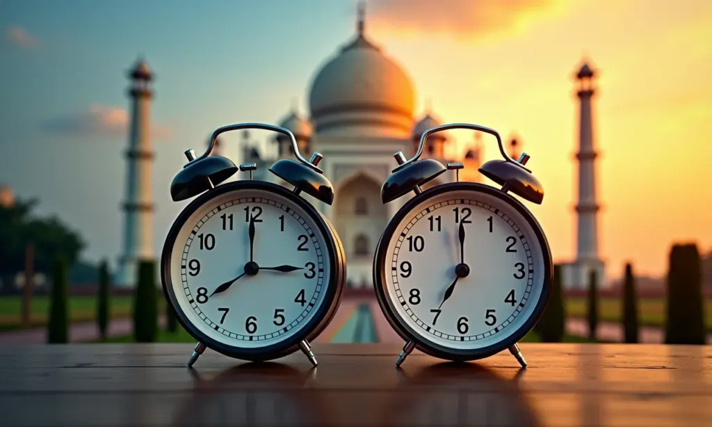 Qual A Diferença De Horário Do Brasil Para Índia? Relógios mostrando horários diferentes em Rio de Janeiro e Nova Delhi, com Cristo Redentor e Taj Mahal ao fundo.