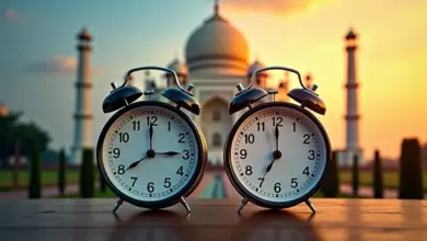 Relógios mostrando horários diferentes em Rio de Janeiro e Nova Delhi, com Cristo Redentor e Taj Mahal ao fundo.