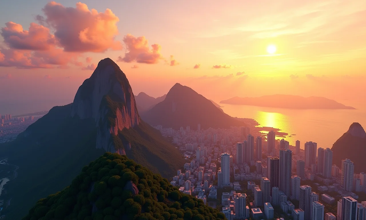 Renderização 3D realista da paisagem urbana do Rio de Janeiro ao pôr do sol.