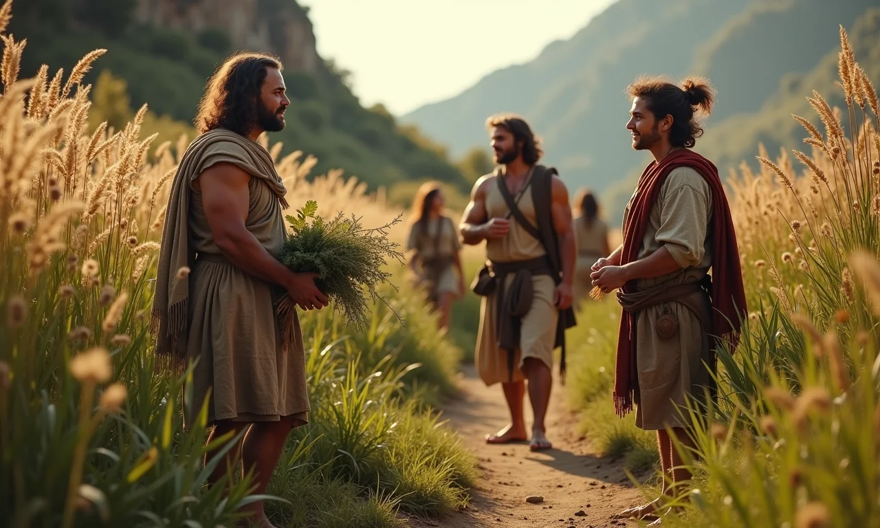 Representação histórica de vegetarianos coletando alimentos.