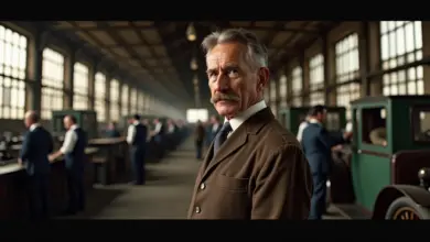 Representação visual da linha de montagem fordista e taylorista com retratos de Ford e Taylor ao fundo.