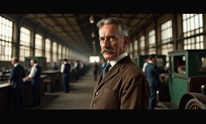 Representação visual da linha de montagem fordista e taylorista com retratos de Ford e Taylor ao fundo.