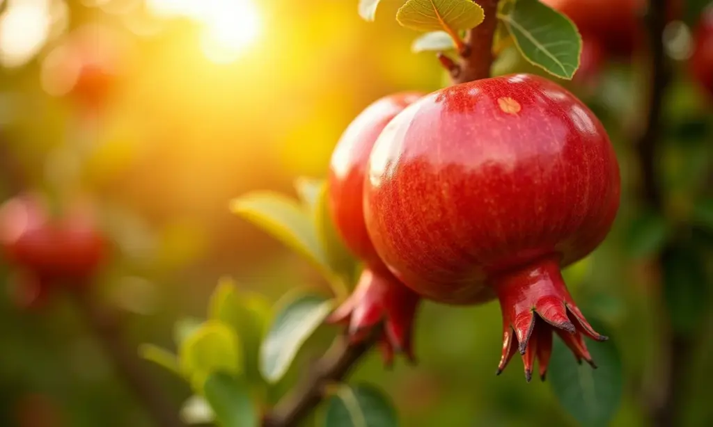 Romã Como Plantar e Colher a Fruta da Prosperidade Romãs maduras em um galho, iluminadas pelo sol, destacando a cor vibrante e textura da fruta.