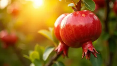 Romãs maduras em um galho, iluminadas pelo sol, destacando a cor vibrante e textura da fruta.
