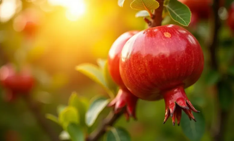 Romãs maduras em um galho, iluminadas pelo sol, destacando a cor vibrante e textura da fruta.