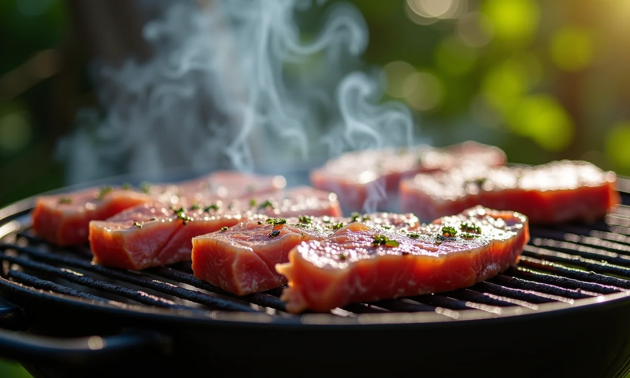 Sassami sendo grelhado em churrasco ao ar livre.