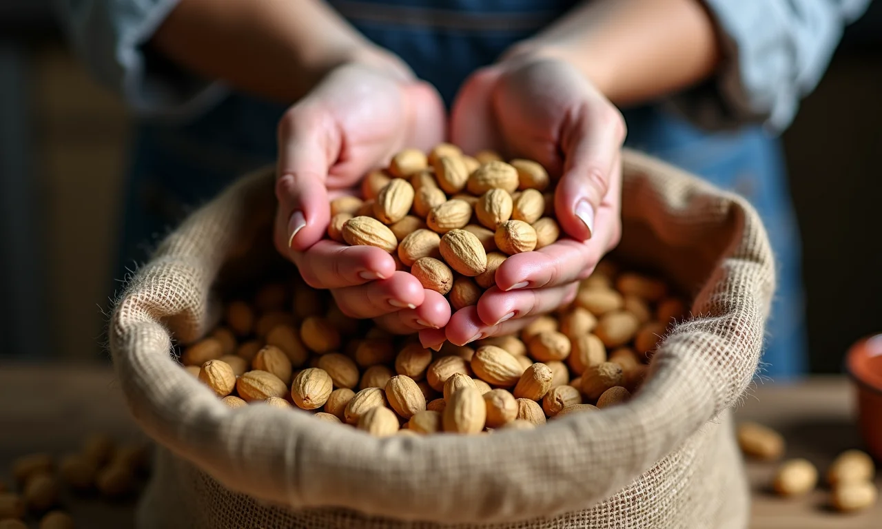 Seleção cuidadosa de amendoins crus para pé de moleque.