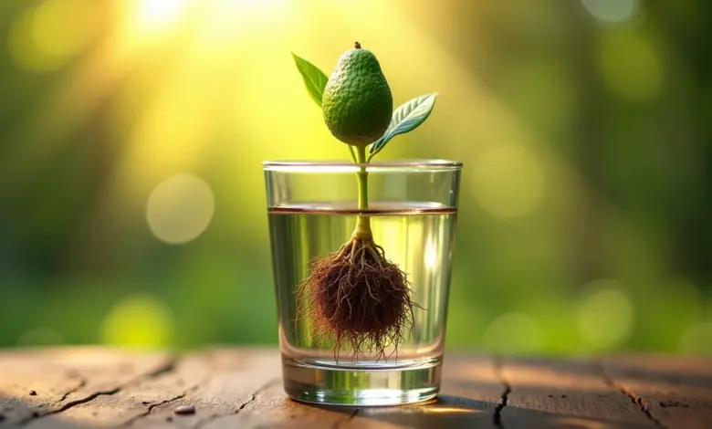 Semente de abacate germinando em um copo com água, com raízes visíveis e luz natural.
