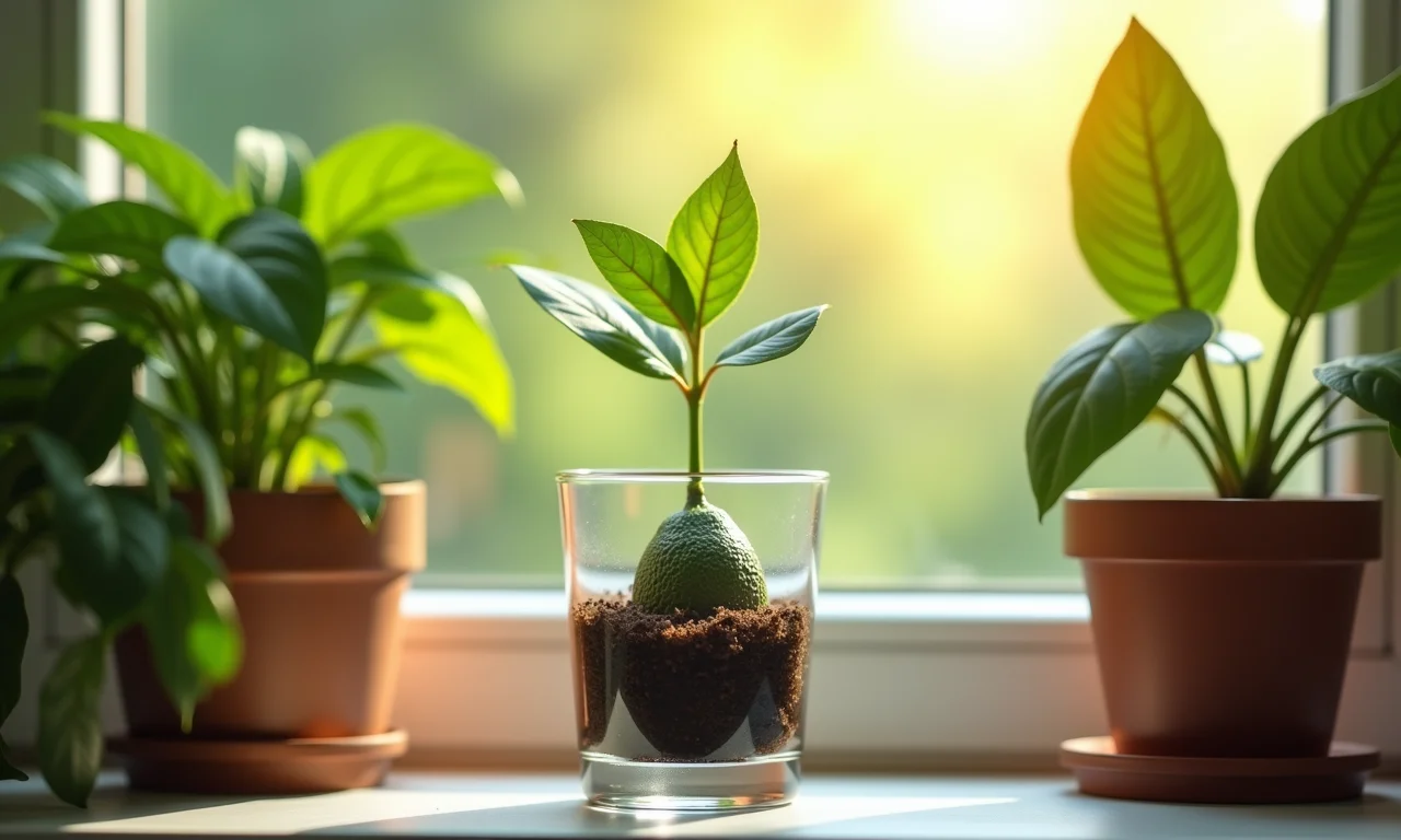 Semente de abacate germinando em um local iluminado, cercada por plantas brasileiras.