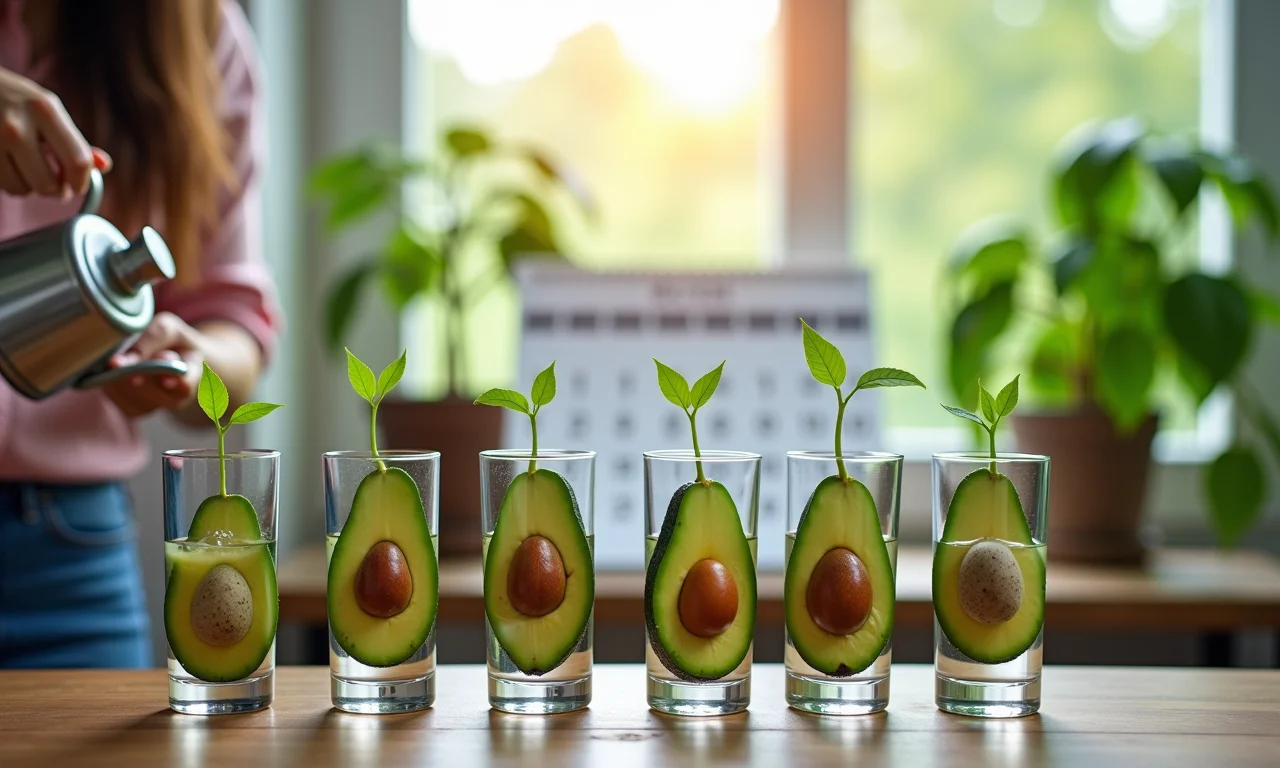 Sementes de abacate germinando em diferentes estágios em copos com água.