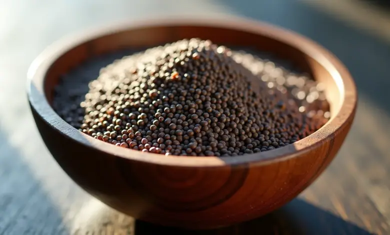 Sementes de chia em tigela rústica, iluminação natural.