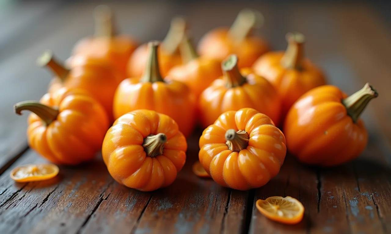 Sementes de physalis variadas em mesa de madeira rústica.