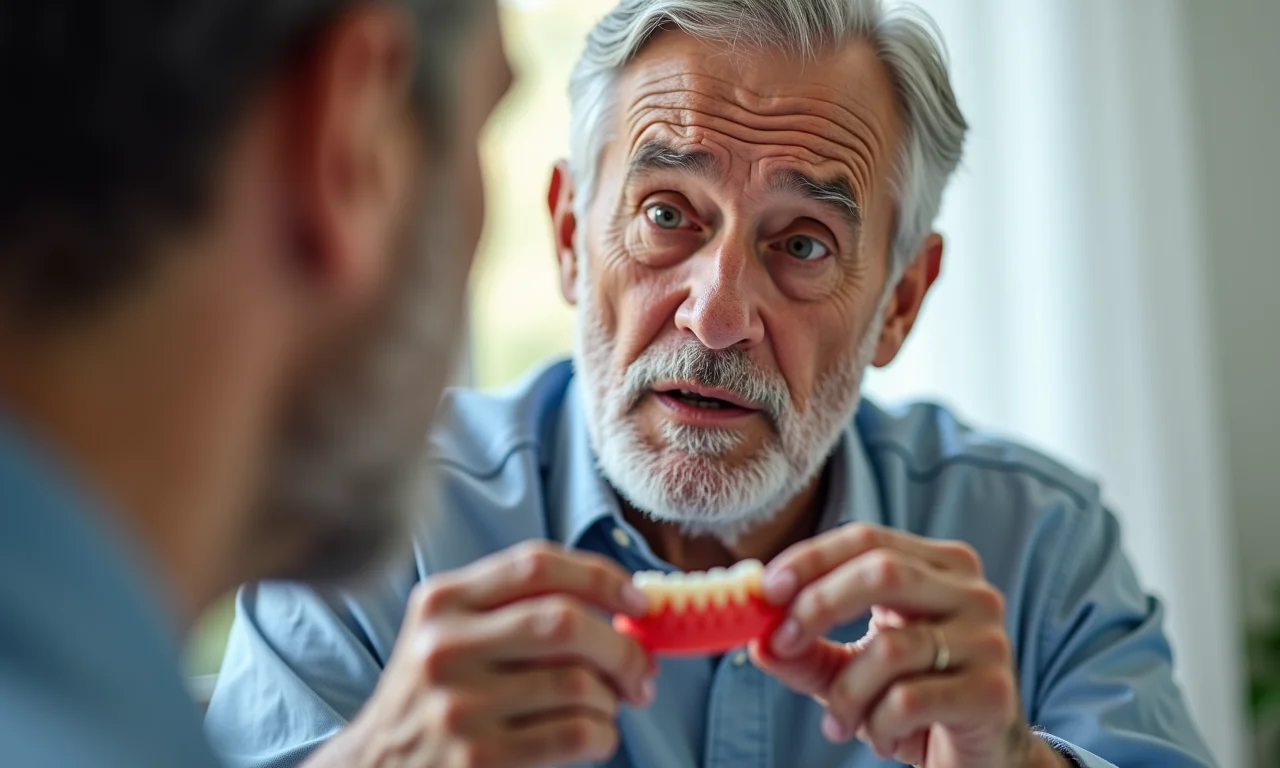 Senhor preocupado segurando sua prótese protocolo.