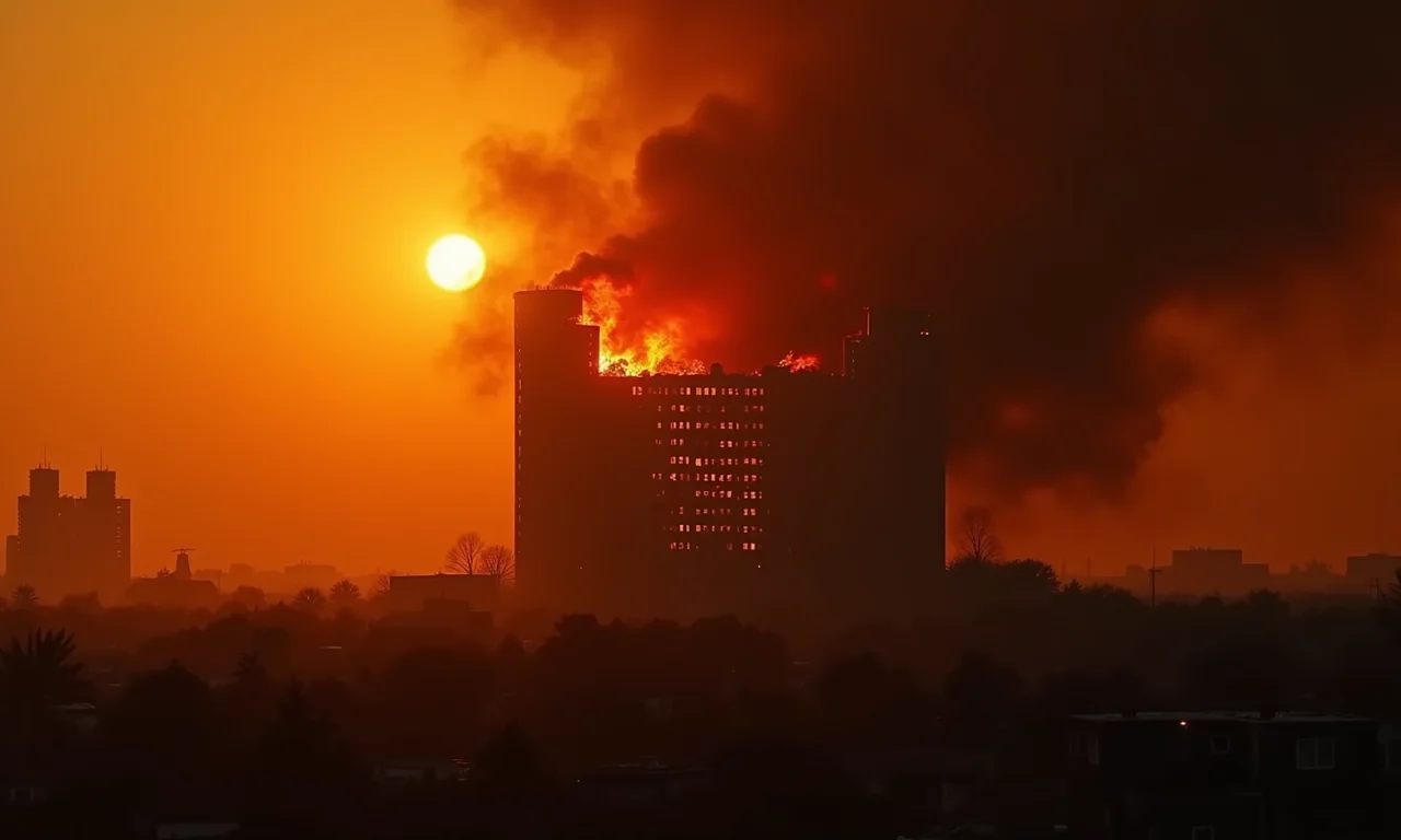 Silhueta de um prédio em chamas contra um céu esfumaçado.
