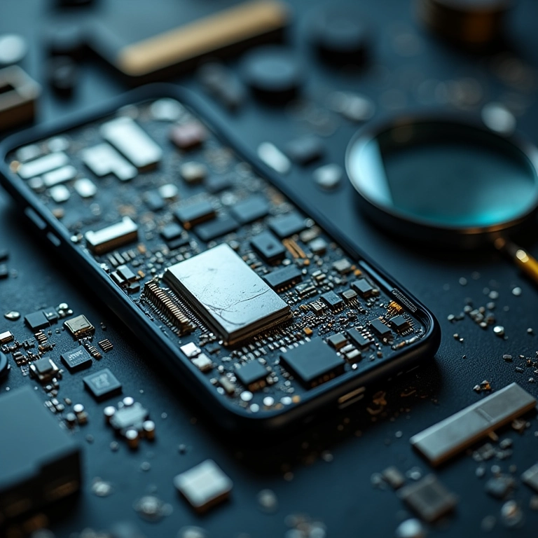 Smartphone danificado em bancada, representando responsabilidade objetiva.