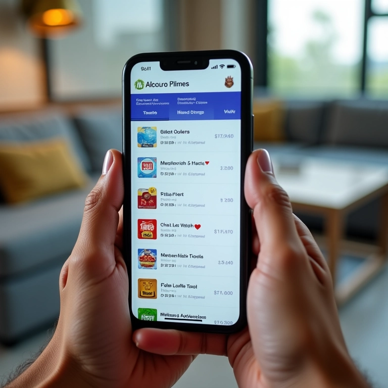 Smartphone mostrando plataforma de rifas online com diversos prêmios.
