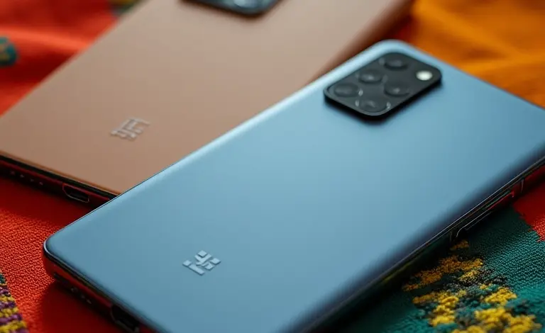 Smartphones Xiaomi e Redmi lado a lado sobre tecido colorido brasileiro.