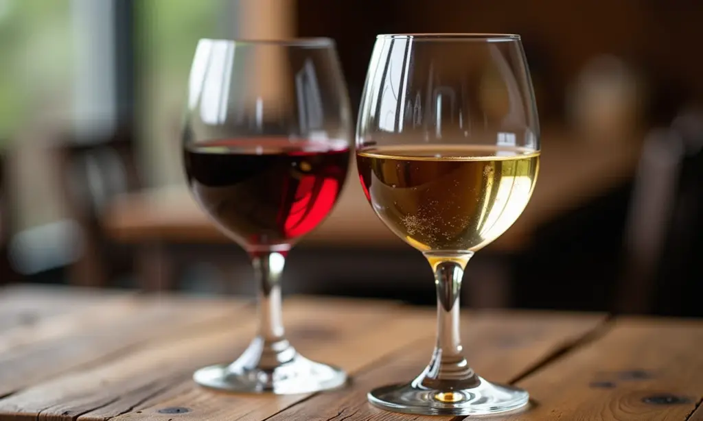 Taças de vinho tinto e branco lado a lado, prontas para degustação.