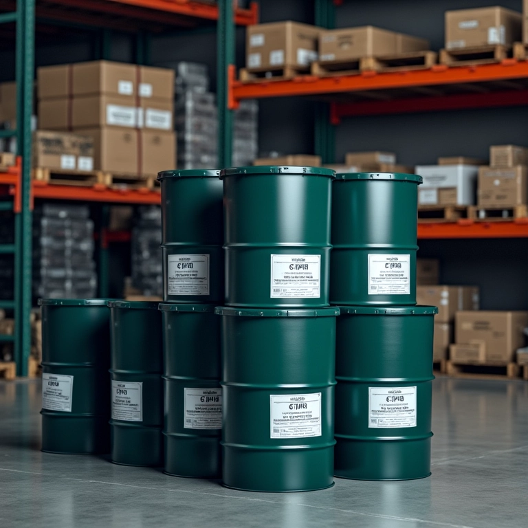 Tambores de óleo mineral armazenados em um depósito industrial.