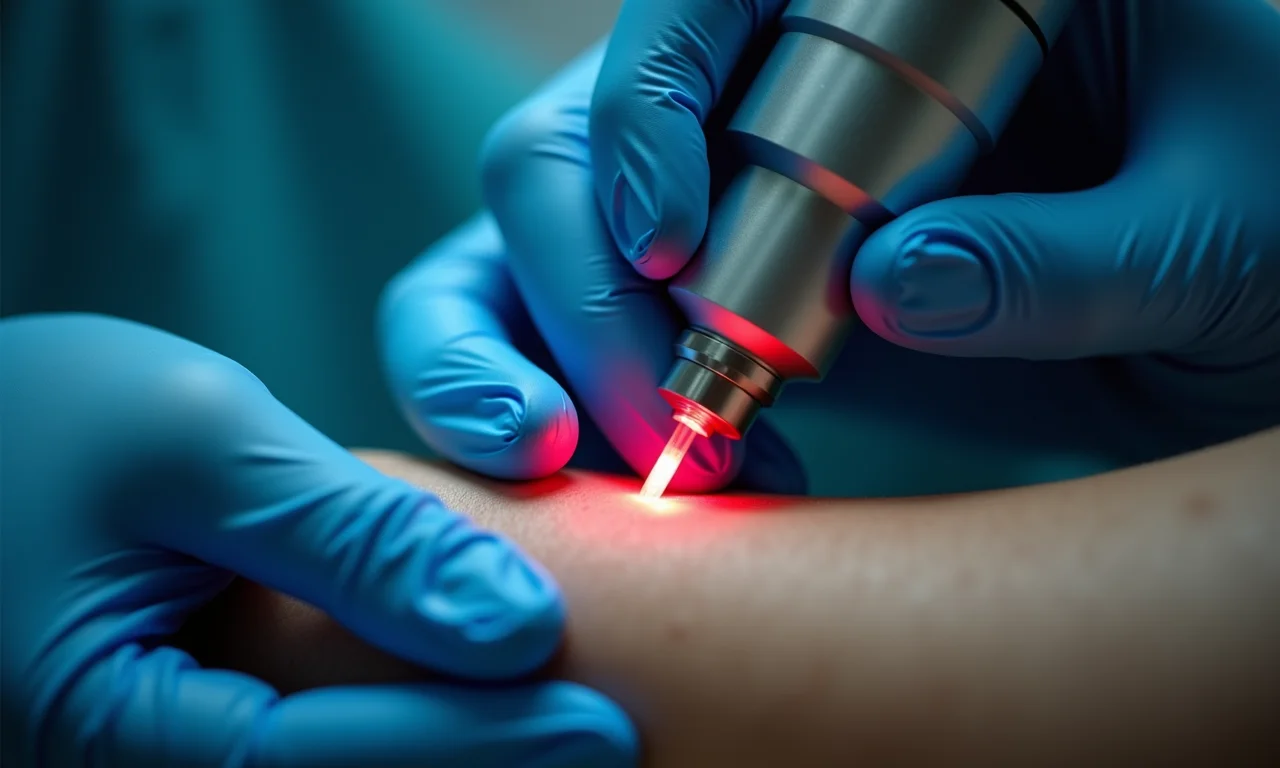 Técnico aplicando laser de diodo no braço de paciente em clínica.