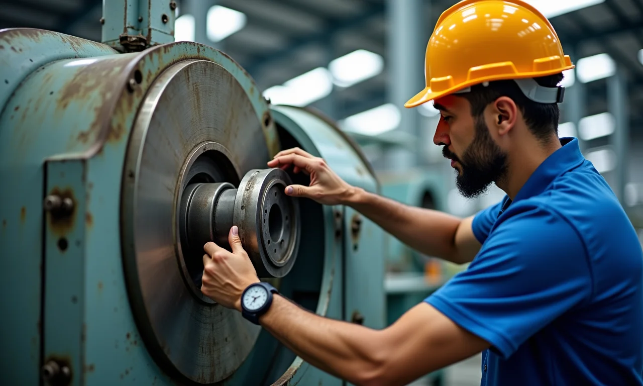 Técnico conserta proteção defeituosa de máquina em fábrica.