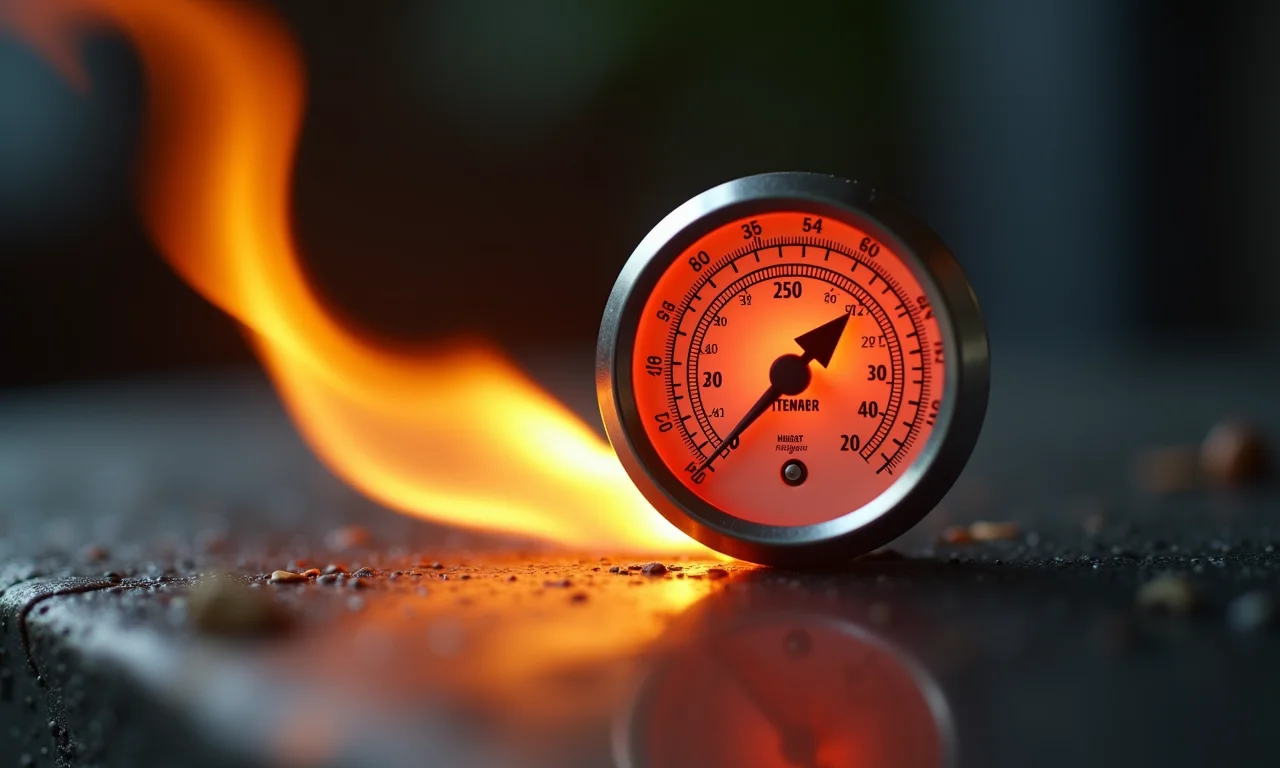 Termômetro mostrando aumento de temperatura em superfície de metal aquecida, representando calor sensível.