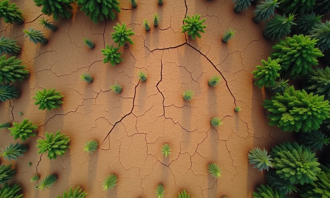 Terra agrícola brasileira sofrendo com a seca, solo rachado e plantações murchas.