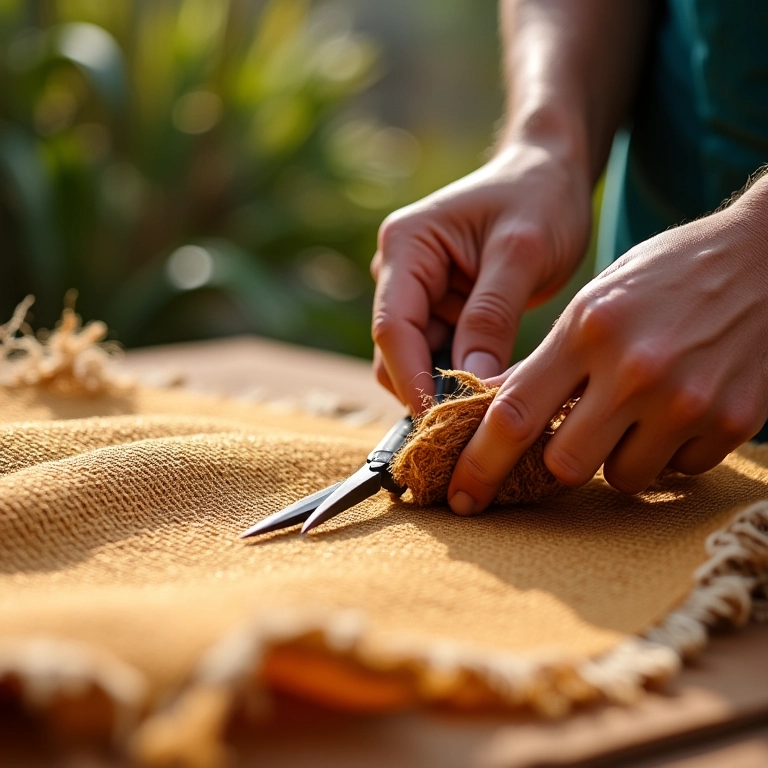 Tesoura de artesanato cortando tecido de juta com precisão.