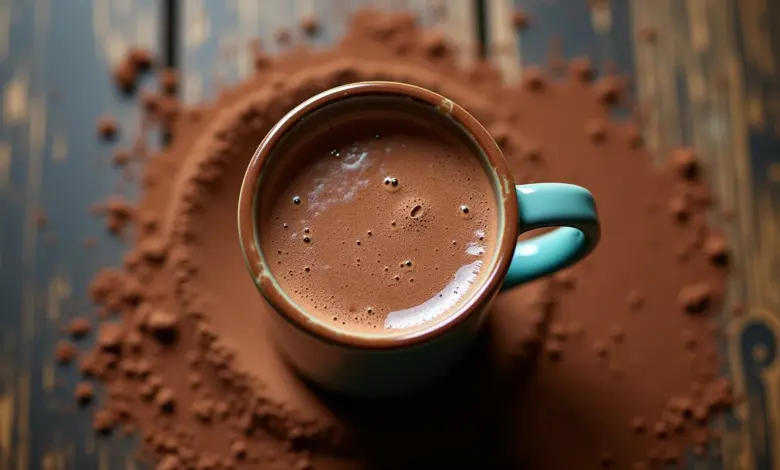 Toddy cremoso servido em caneca rústica, com pó de cacau espalhado